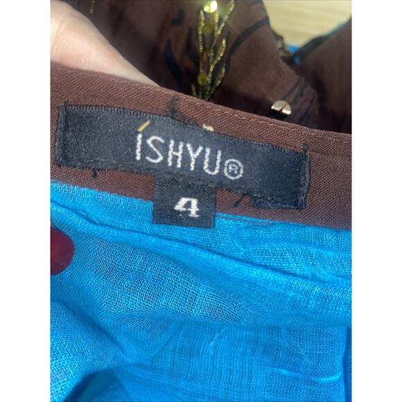 Ishyu Women's Brown Blue Gold Sequin Embroidered Midi Skirt Boho Festival 28” - Picture 8 of 10